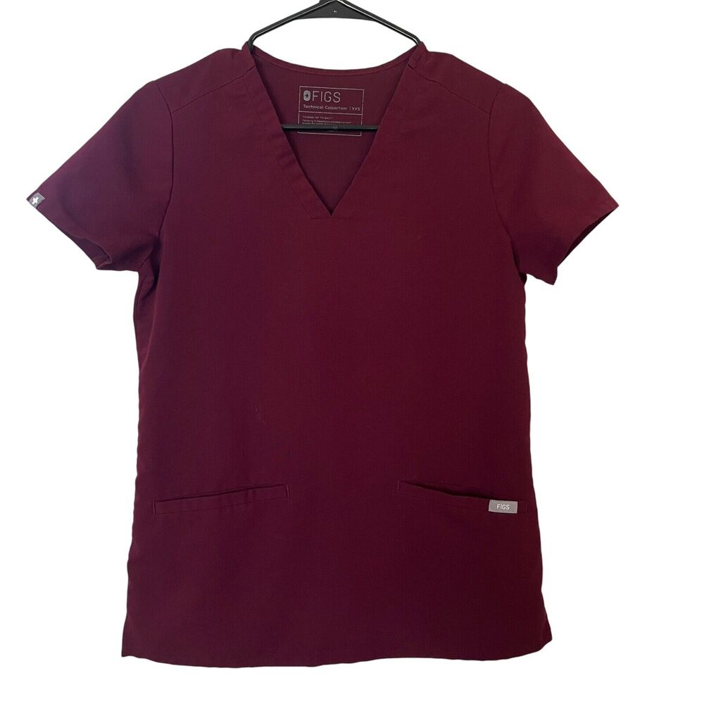 Figs Casma 3 Pocket Scrub Top Women XXS Burgundy Tech Collection Medical Nursing